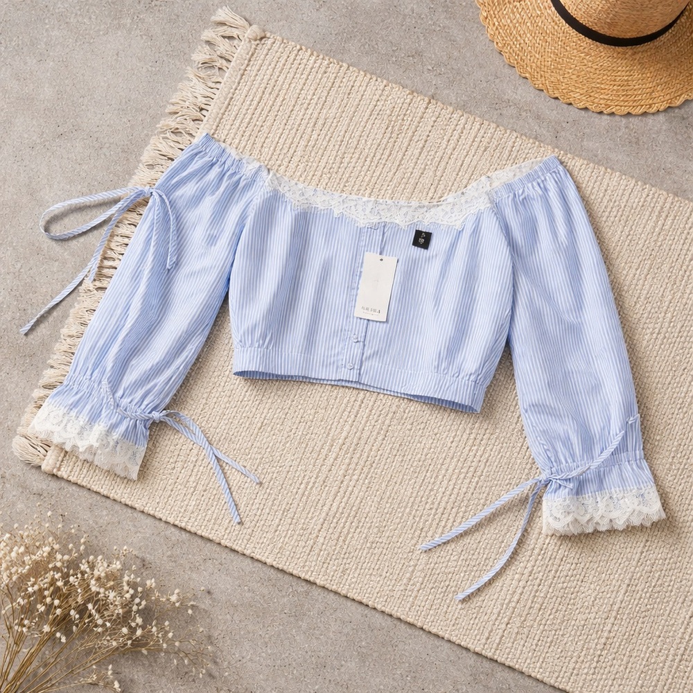 Blue Off-Shoulder Lace Trim Top